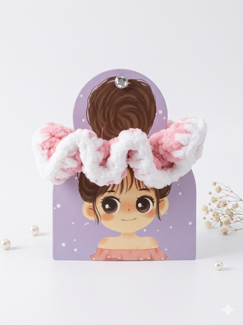Plush Pink & White Fluffy Hair Scrunchie - Soft Elastic Accent